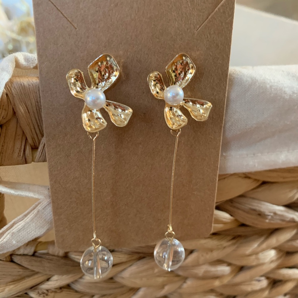 2/$12 Gold Lotus Flower with Glass Bead Earrings